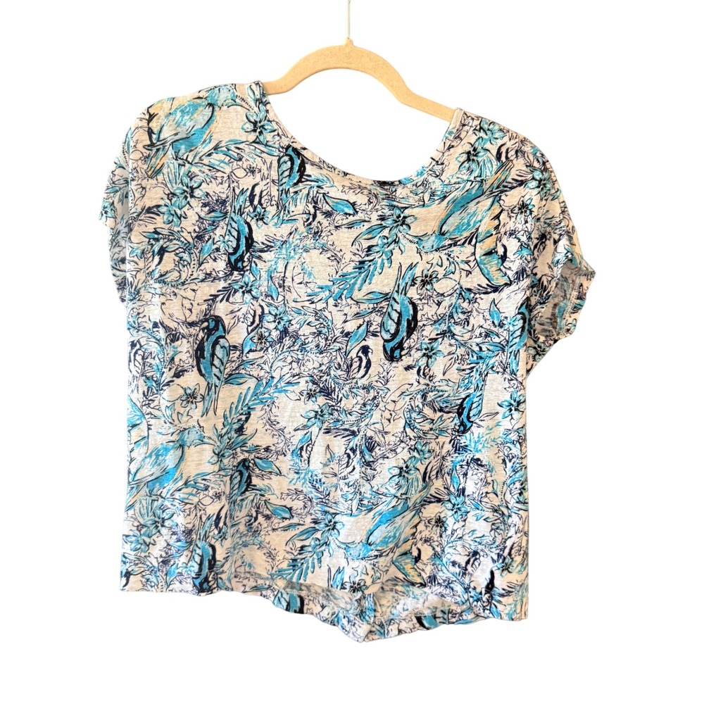 Tahari Womens Blue Tropical Bird Floral 100% Linen Button Front Knit Top Size M